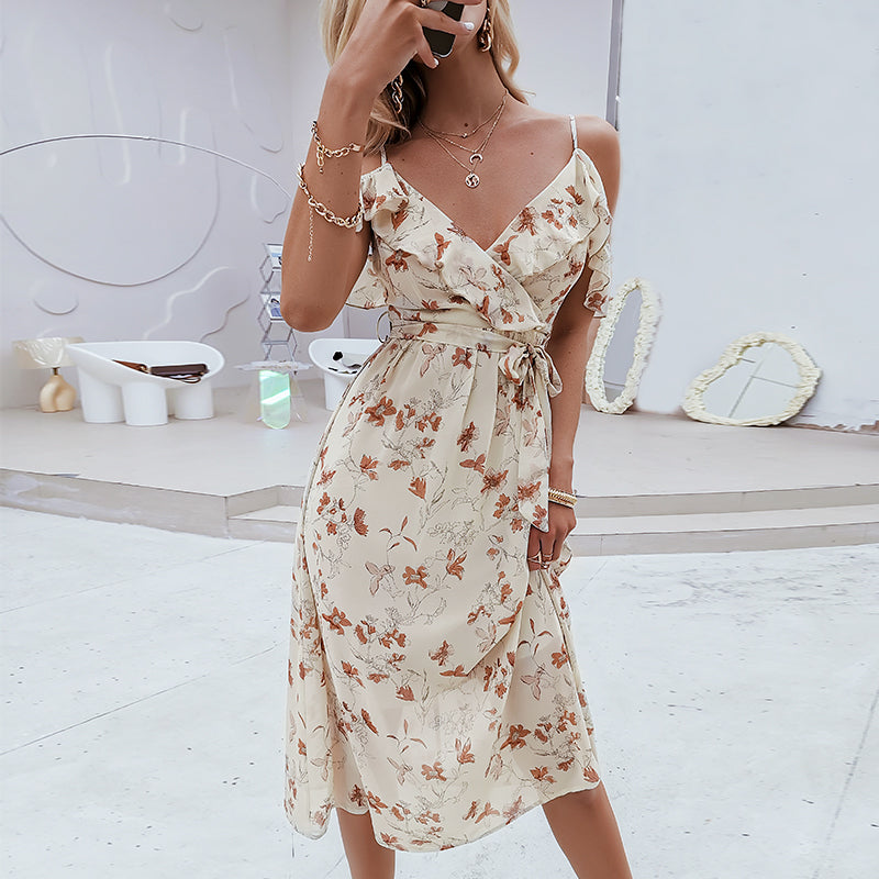C2C Off Shoulder Floral Print A-line Slip V-neck Dress
