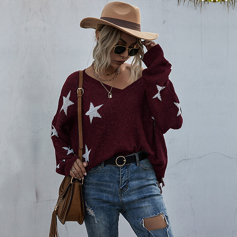 European And American Star Pattern V-Neck Fringed Ladies Knitted Sweater
