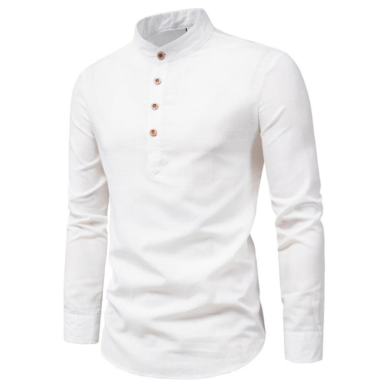 C2C Cotton And Linen Long-Sleeved Shirt Solid Color Stand Collar Shirt