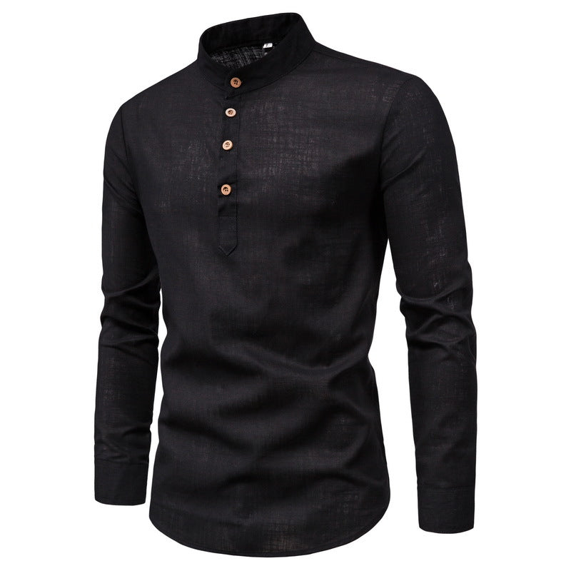C2C Cotton And Linen Long-Sleeved Shirt Solid Color Stand Collar Shirt