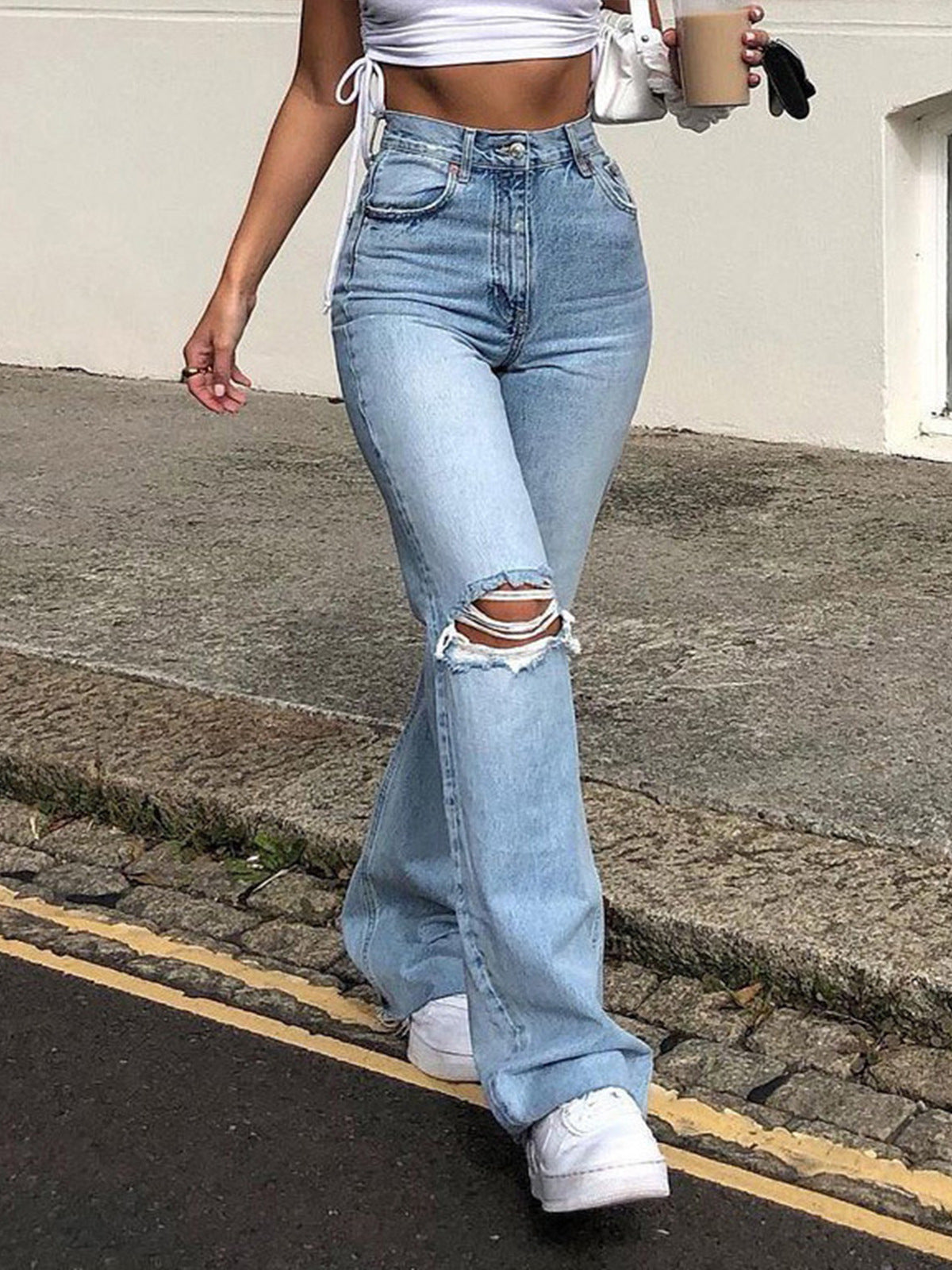 C2C High Waist Ripped Bootcut Denim Slim Straight-Leg Pants