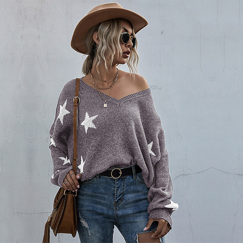 European And American Star Pattern V-Neck Fringed Ladies Knitted Sweater