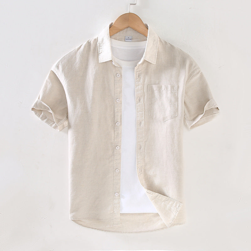 Men Short-Sleeved Lapel Shirt Youth Casual Linen Top