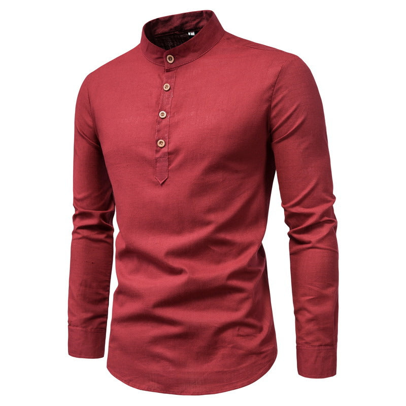 C2C Cotton And Linen Long-Sleeved Shirt Solid Color Stand Collar Shirt