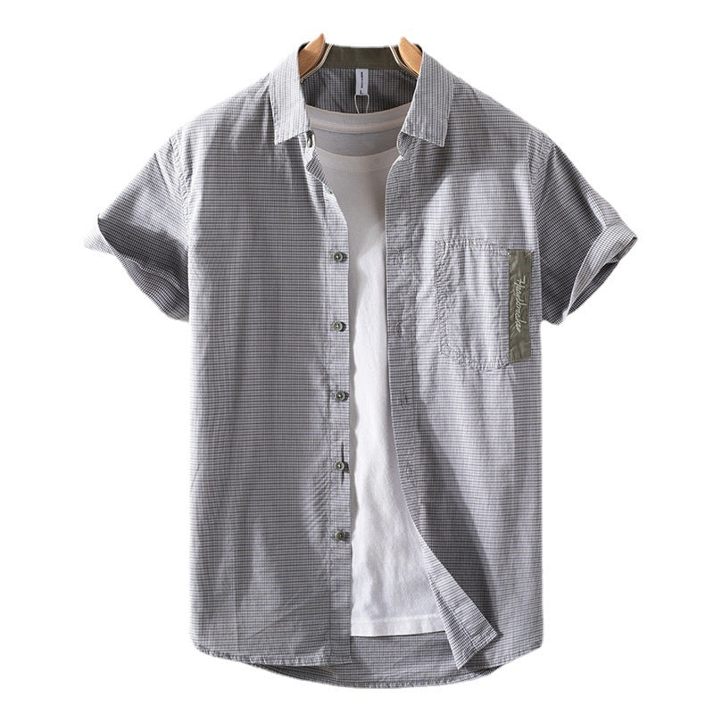 C2C Men Short-Sleeved Lapel Youth Casual Plaid Shirt