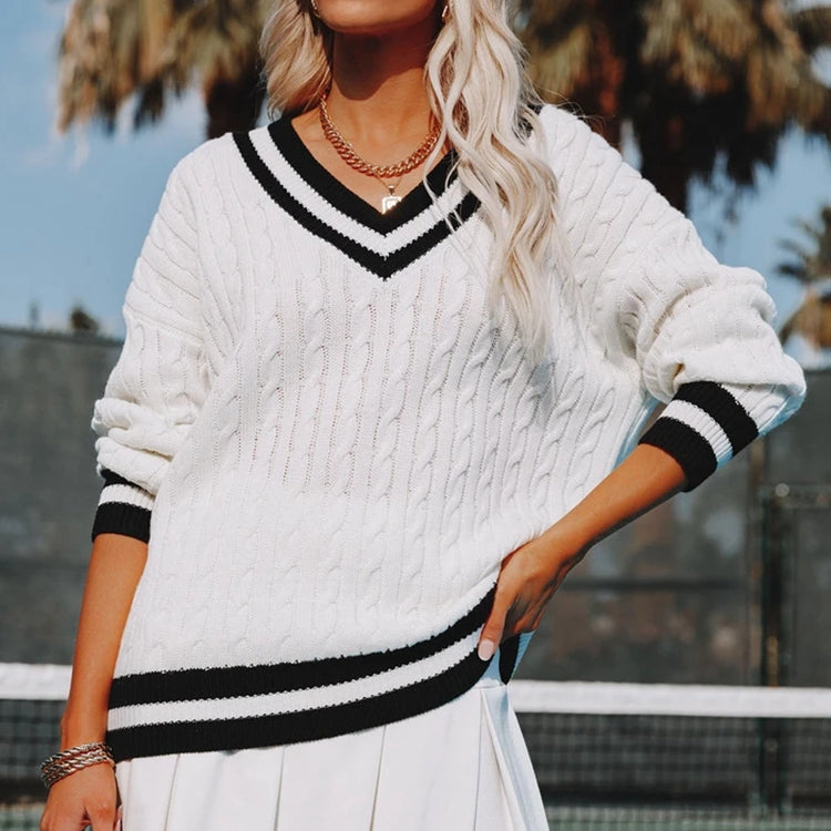 New Women V-Neck Black And White Contrast Color Loose Casual Pullover British Style Sweater