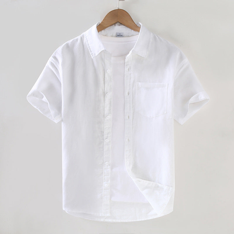 Men Short-Sleeved Lapel Shirt Youth Casual Linen Top