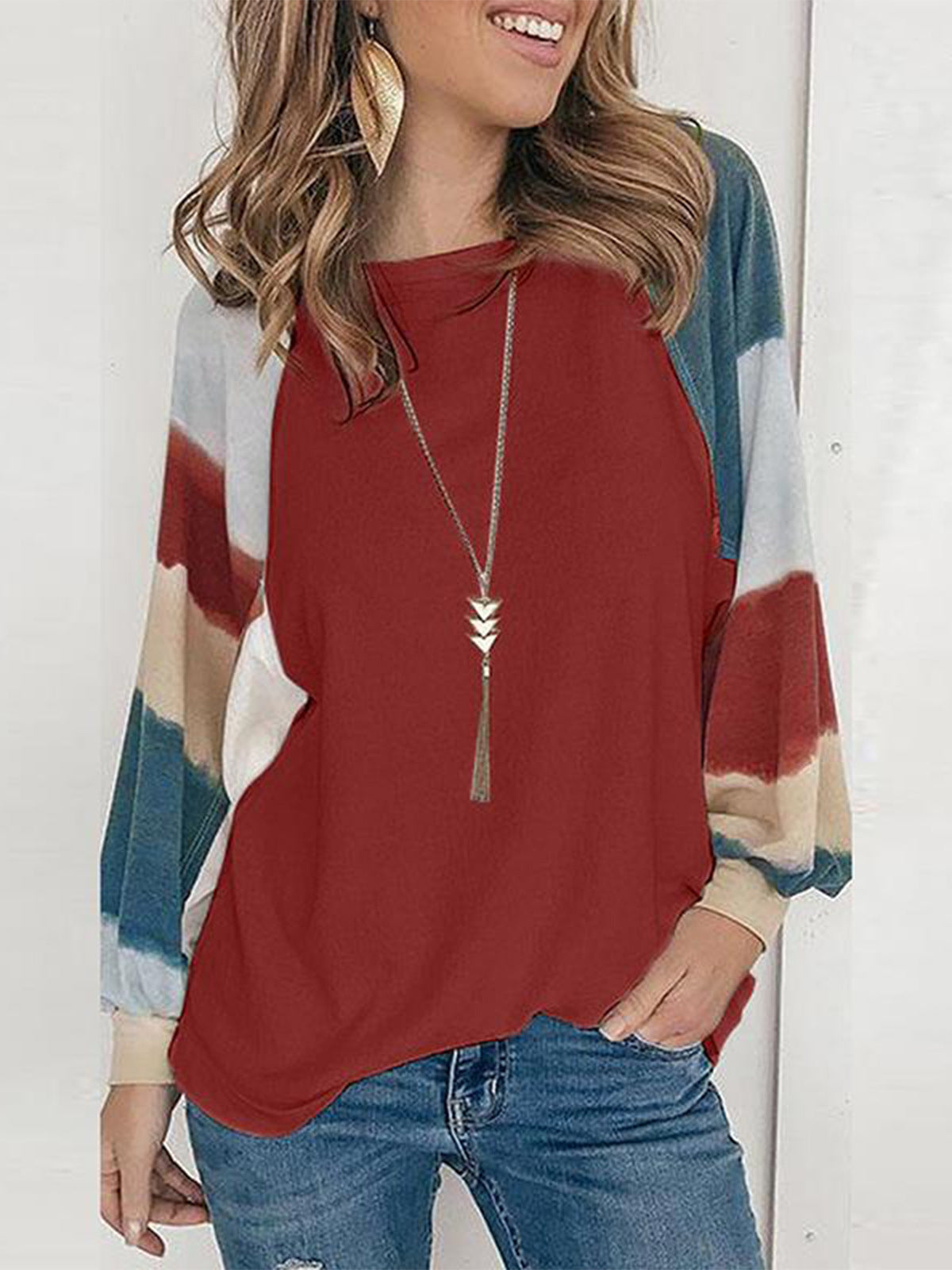 C2C Round Neck Watercolor Balloon Long Sleeve Top Casual Loose T-Shirt