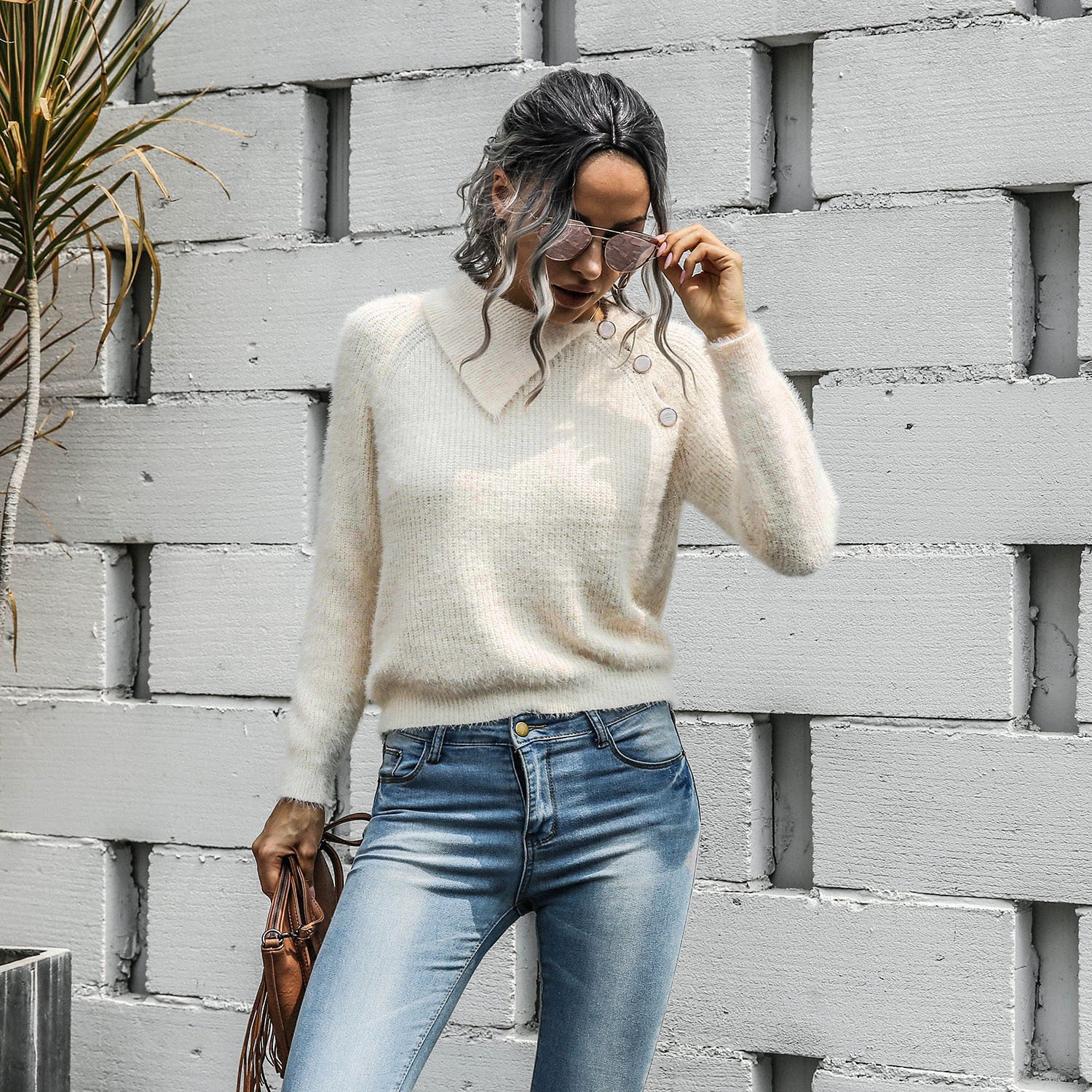 Pullover long-sleeved sweater mohair