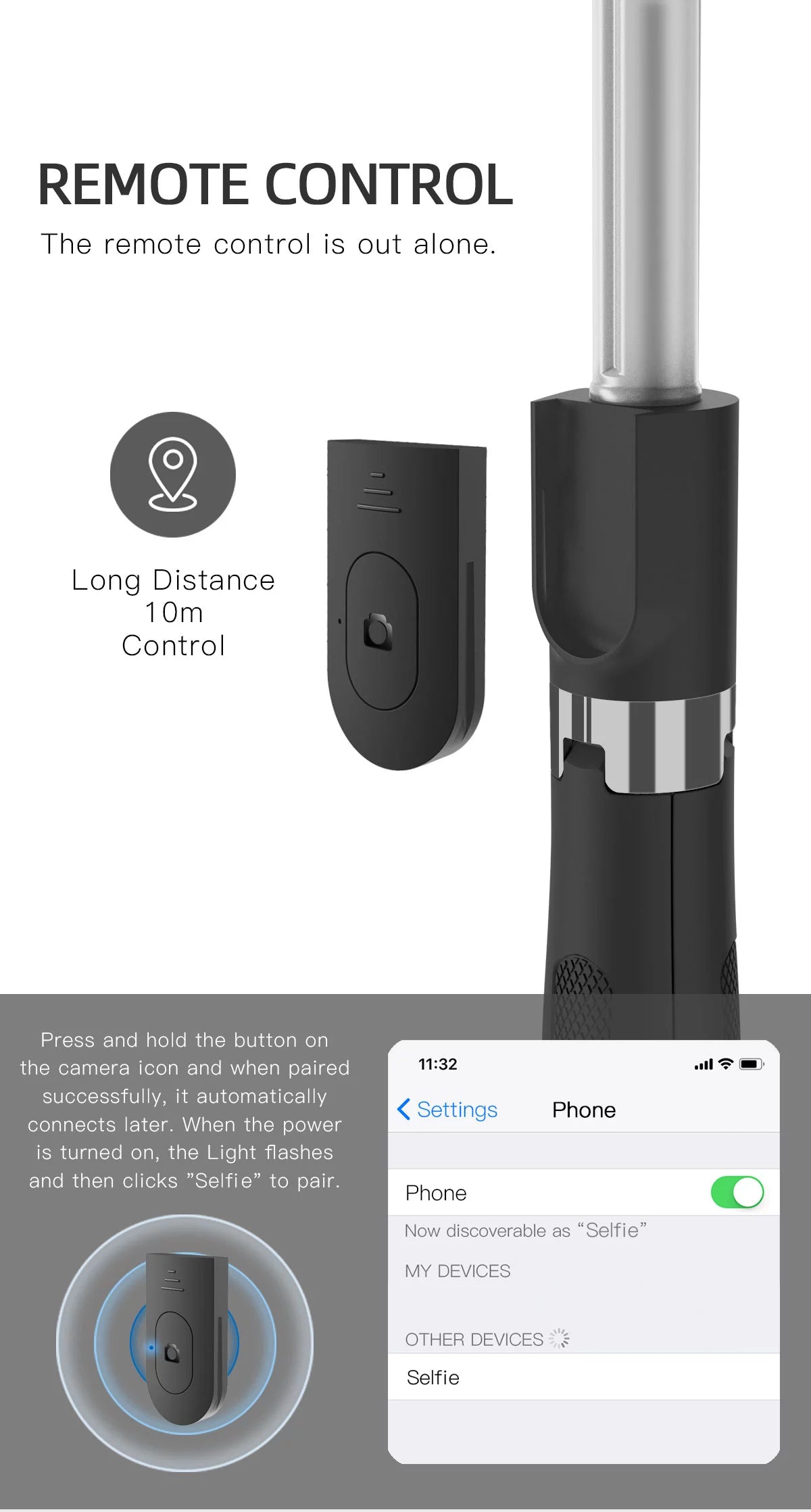 C2C All in One Extendable Selfie Sticks with Tripod Stand & Detachable Wireless Remote Control