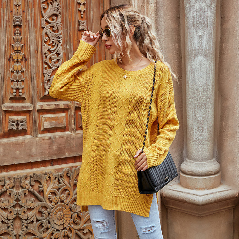 C2C Mall-Hedging Round Neck Twisted Flower Split Knit Sen-Line Sweater