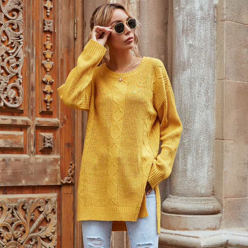C2C Mall-Hedging Round Neck Twisted Flower Split Knit Sen-Line Sweater