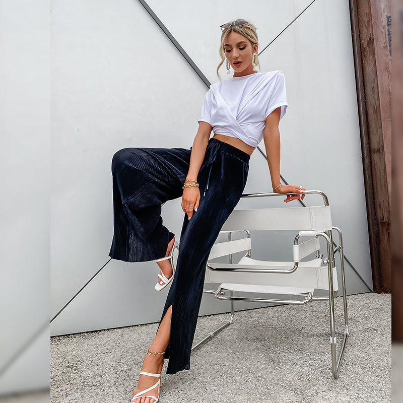 C2C Velvet High Waist Loose Drape Black Mopping Pants
