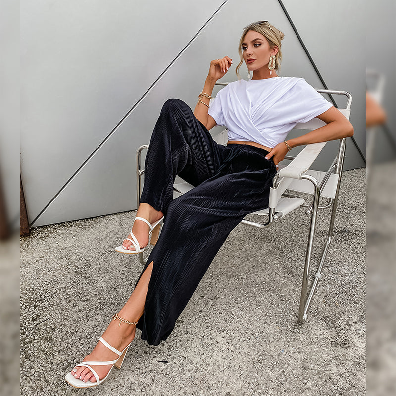 C2C Velvet High Waist Loose Drape Black Mopping Pants
