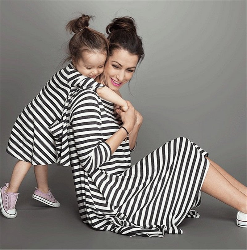 C2C Family Matching Mother And Daughter Striped Long Sleeve Outfits Dress