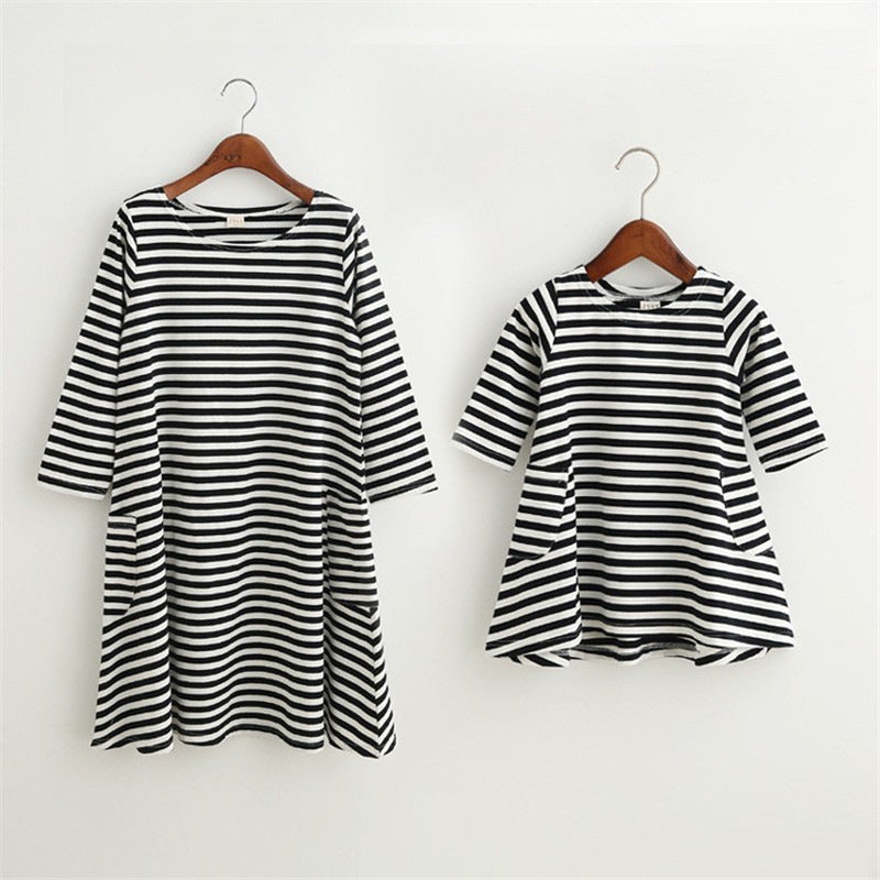 C2C Family Matching Mother And Daughter Striped Long Sleeve Outfits Dress