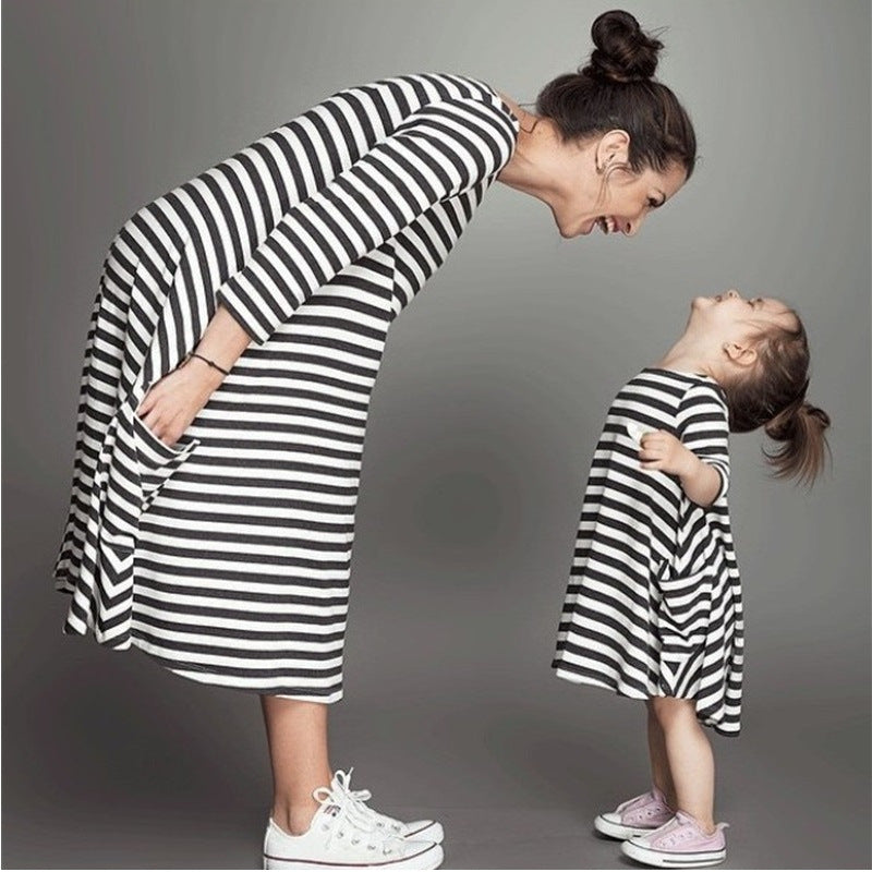C2C Family Matching Mother And Daughter Striped Long Sleeve Outfits Dress