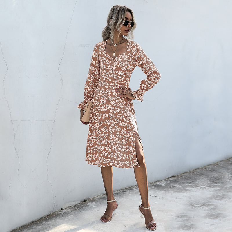 C2C French Style Long-Sleeved Floral V-Neck Pleated Short Women Dress