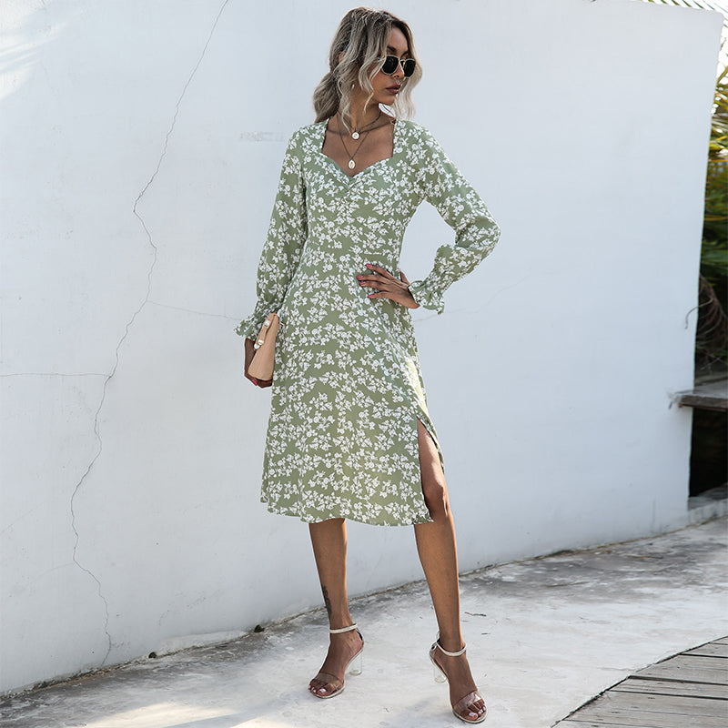 C2C French Style Long-Sleeved Floral V-Neck Pleated Short Women Dress