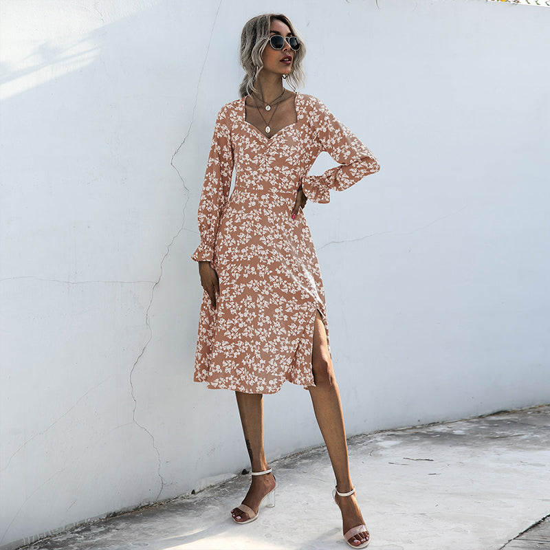 C2C French Style Long-Sleeved Floral V-Neck Pleated Short Women Dress