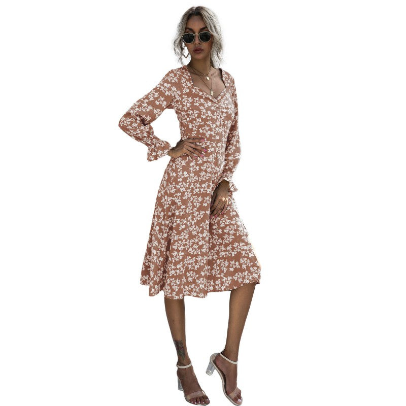 C2C French Style Long-Sleeved Floral V-Neck Pleated Short Women Dress