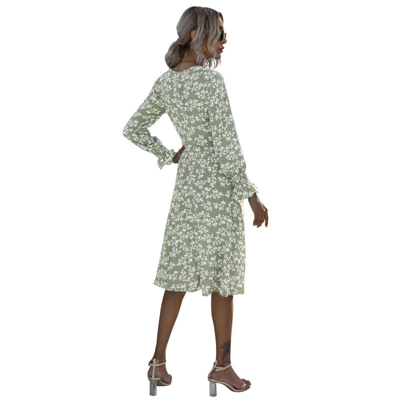 C2C French Style Long-Sleeved Floral V-Neck Pleated Short Women Dress