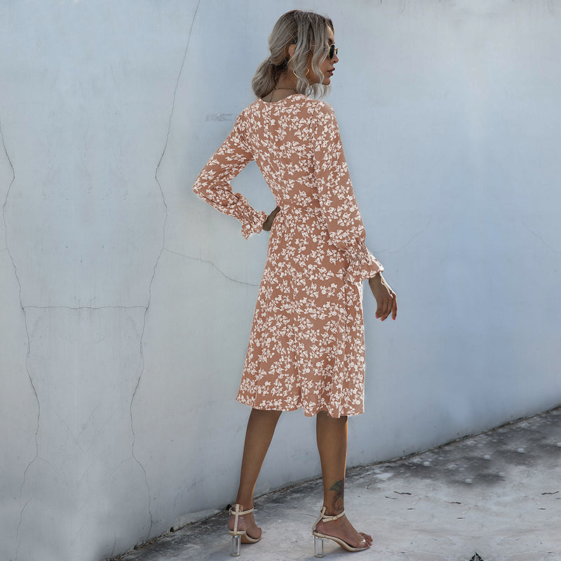 C2C French Style Long-Sleeved Floral V-Neck Pleated Short Women Dress