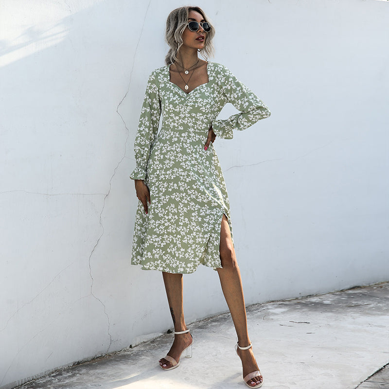 C2C French Style Long-Sleeved Floral V-Neck Pleated Short Women Dress