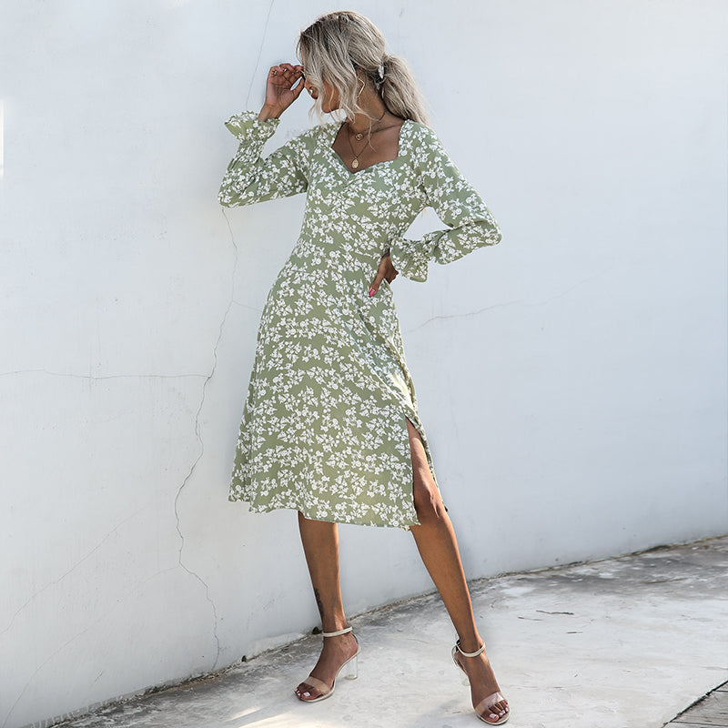 C2C French Style Long-Sleeved Floral V-Neck Pleated Short Women Dress