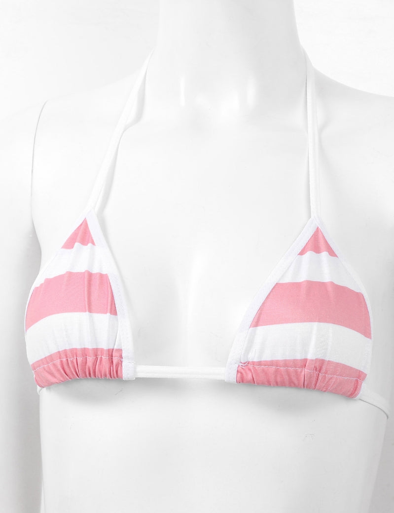 Sexy Stripe Print Cute Halter Bra with Thong Bikini Swimwear Set