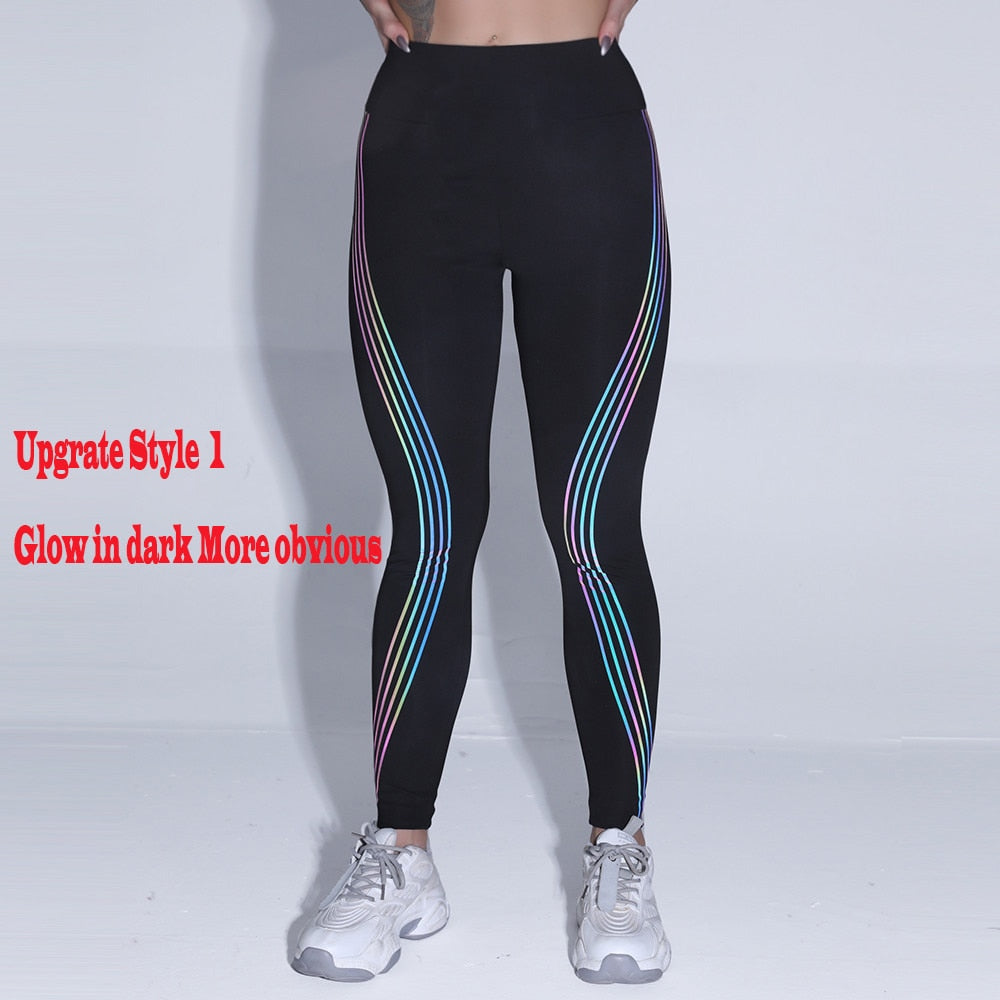 Women's Casual Slim Iridescent Reflective Material Printed Fitness Leggings Slim Stretch Elastic Glow in Dark Pants Trousers