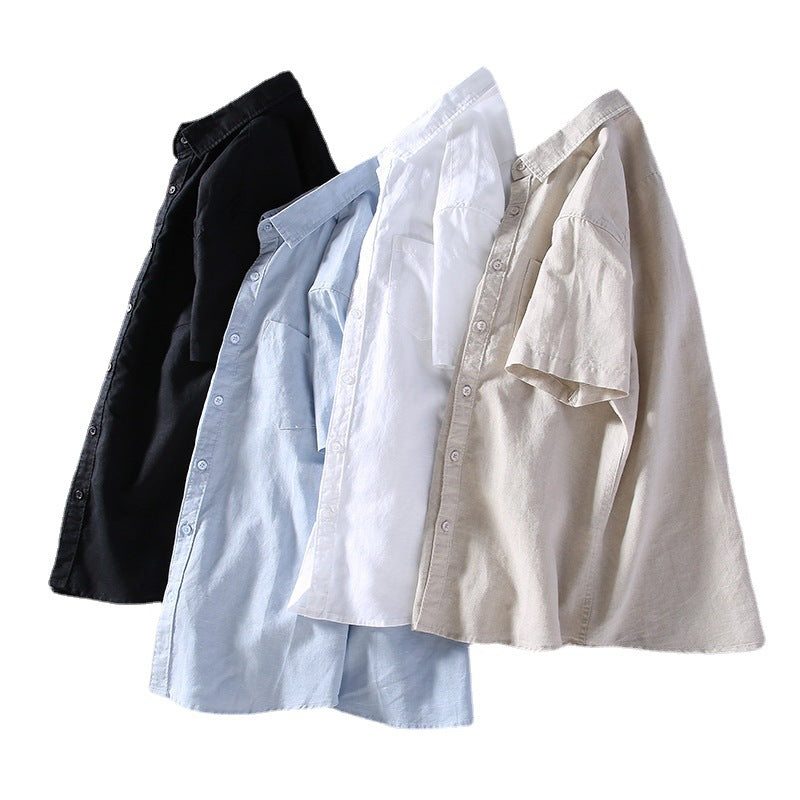 Men Short-Sleeved Lapel Shirt Youth Casual Linen Top