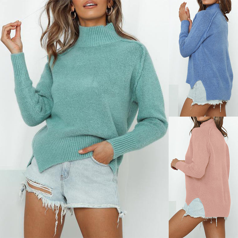 Solid Color Turtleneck Long-Sleeved Core-Spun Pullover Sweater