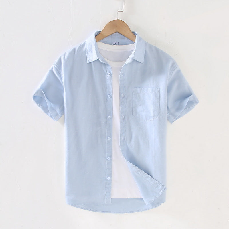 Men Short-Sleeved Lapel Shirt Youth Casual Linen Top