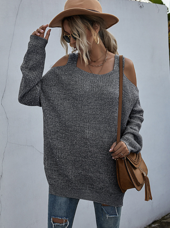 Solid Color Knitted Square Collar Loose Off-Shoulder Bottoming Sweater Women Long Sleeves