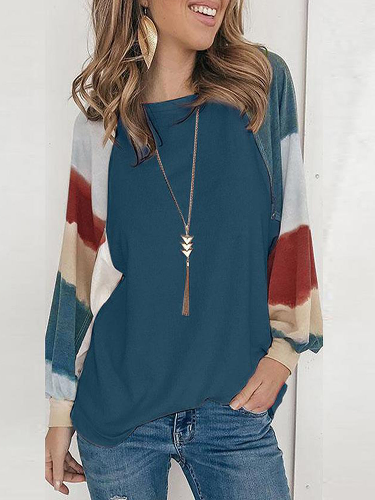 C2C Round Neck Watercolor Balloon Long Sleeve Top Casual Loose T-Shirt