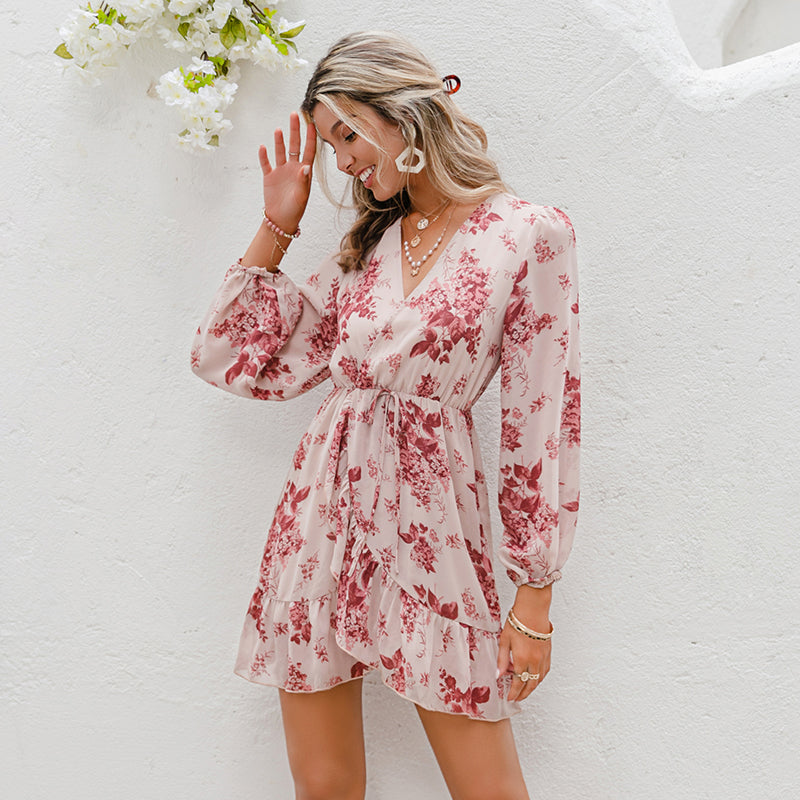 C2C V-neck Print Spring Long Sleeve Women Dress