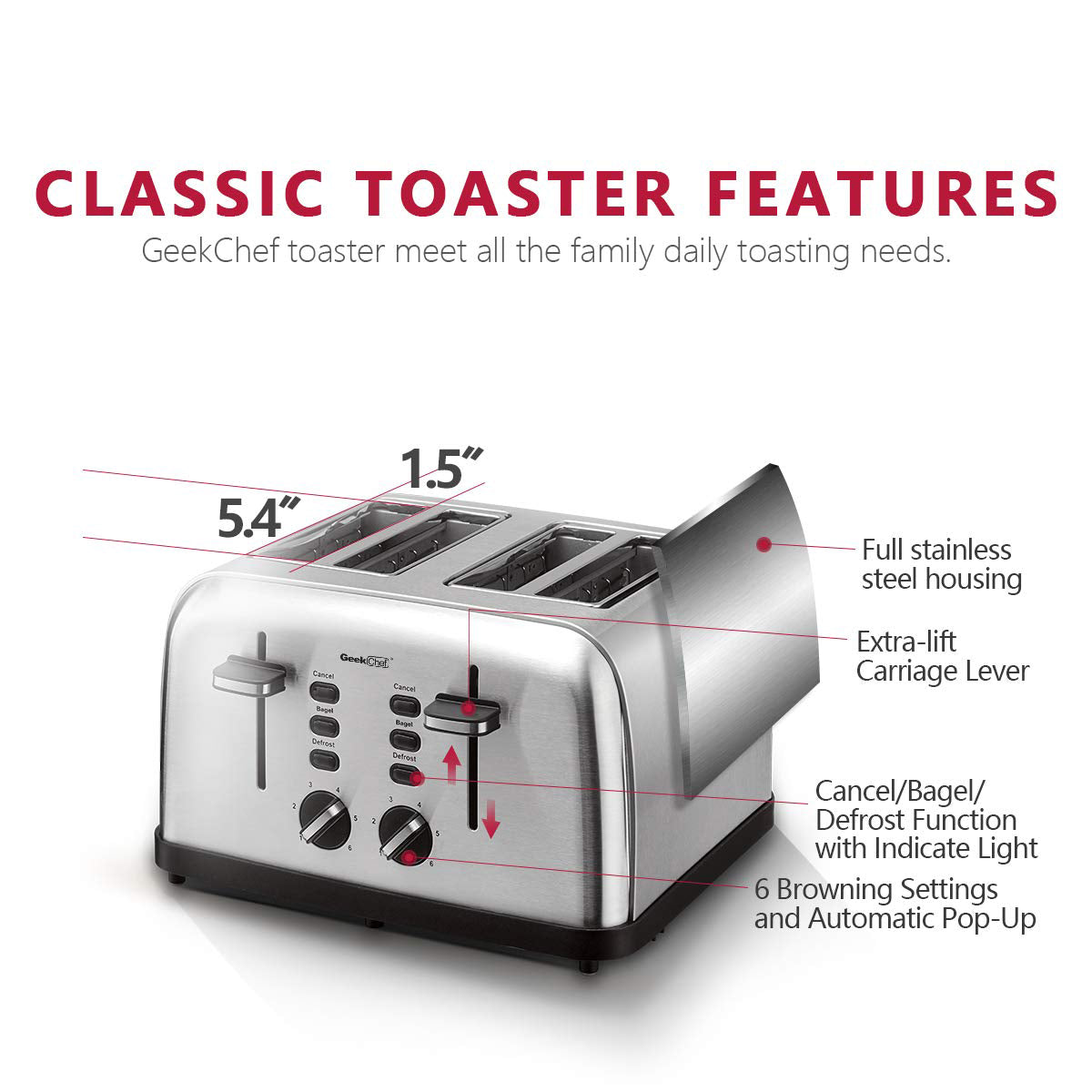 C2C Mall 4 Stainless Steel Extra-Wide Slot 4 Slice Toaster