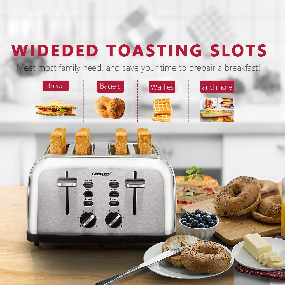 C2C Mall 4 Stainless Steel Extra-Wide Slot 4 Slice Toaster