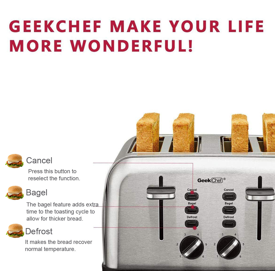 C2C Mall 4 Stainless Steel Extra-Wide Slot 4 Slice Toaster