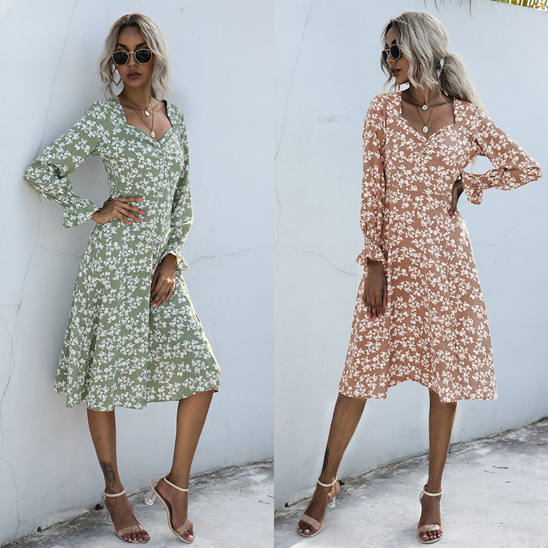 C2C French Style Long-Sleeved Floral V-Neck Pleated Short Women Dress