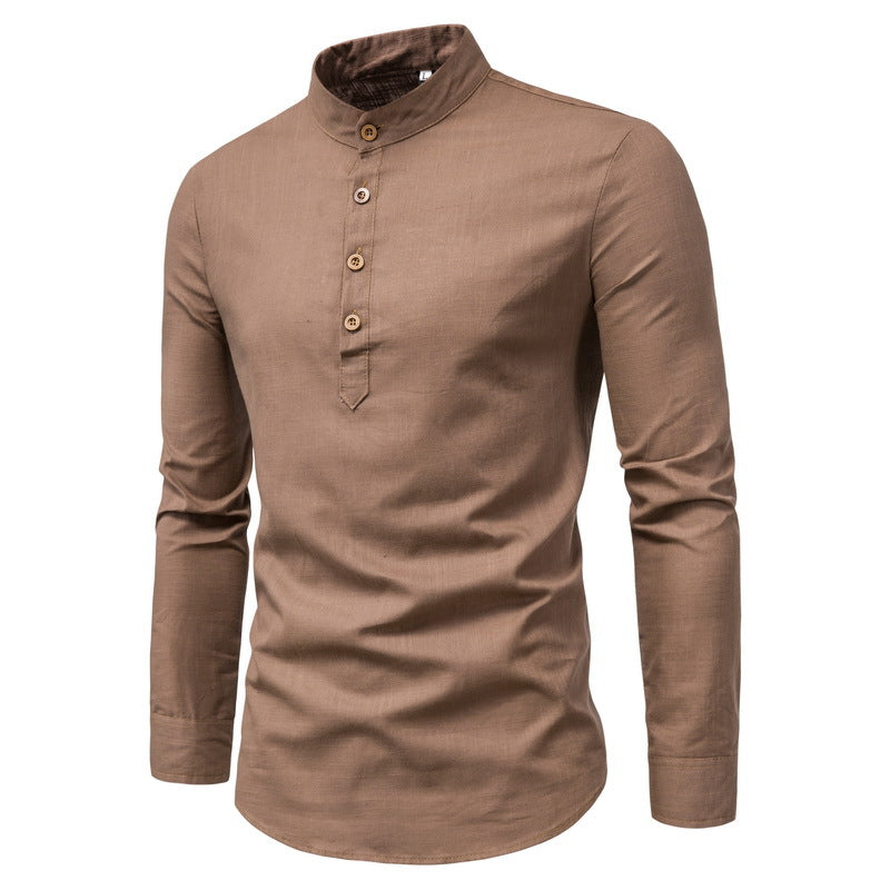 C2C Cotton And Linen Long-Sleeved Shirt Solid Color Stand Collar Shirt