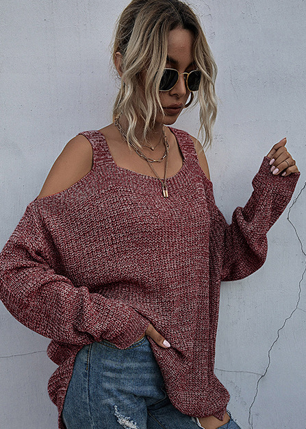 Solid Color Knitted Square Collar Loose Off-Shoulder Bottoming Sweater Women Long Sleeves
