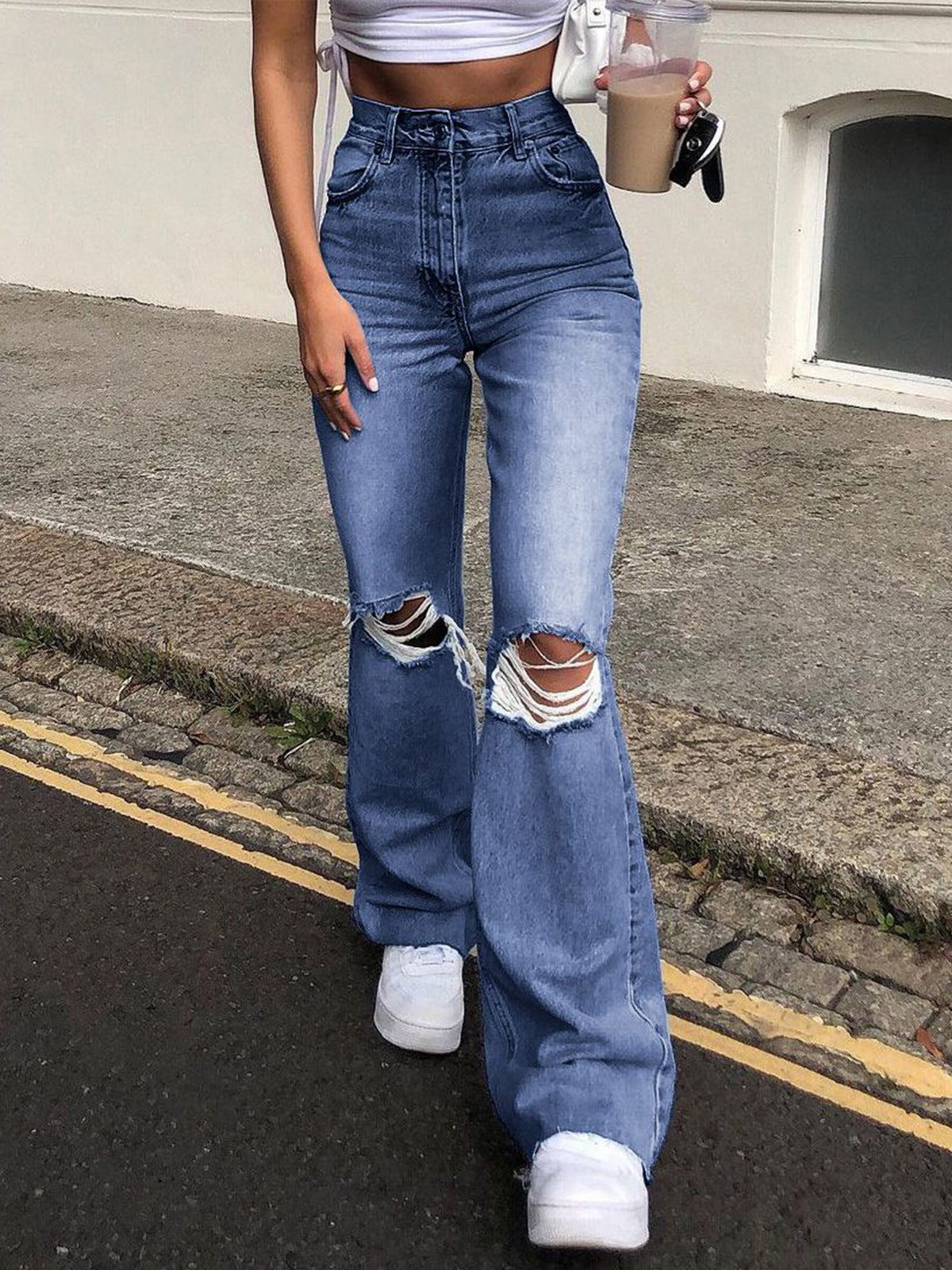 C2C High Waist Ripped Bootcut Denim Slim Straight-Leg Pants
