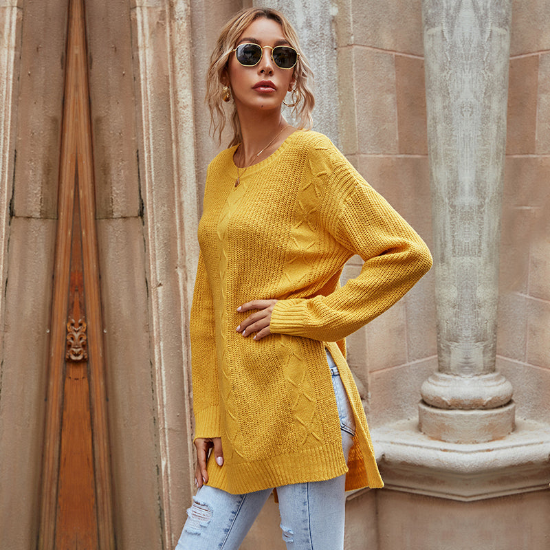 C2C Mall-Hedging Round Neck Twisted Flower Split Knit Sen-Line Sweater