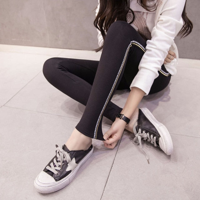 High Waist Cotton Slide Stripes Fitness Ladies Leggings