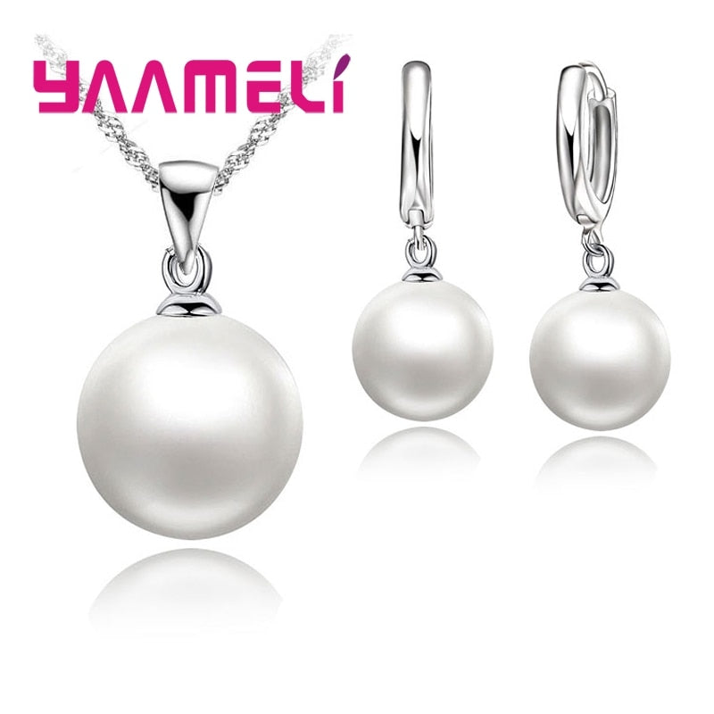 Smooth Wedding Jewelry 925 Sterling Silver Pearl & Necklace Hoop Earrings Set