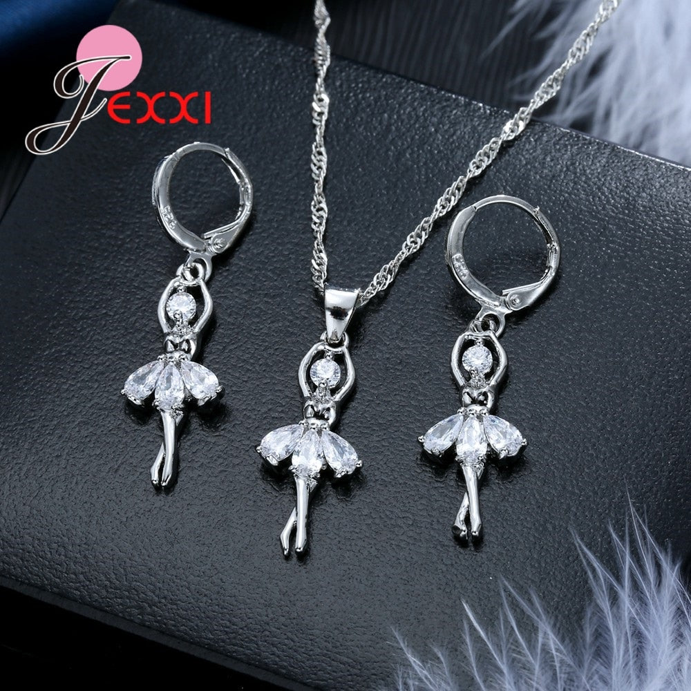 C2C Cute Ballet Dancer 925 Sterling Silver Jewelry Cubic Zircon Necklace & Earrings Set