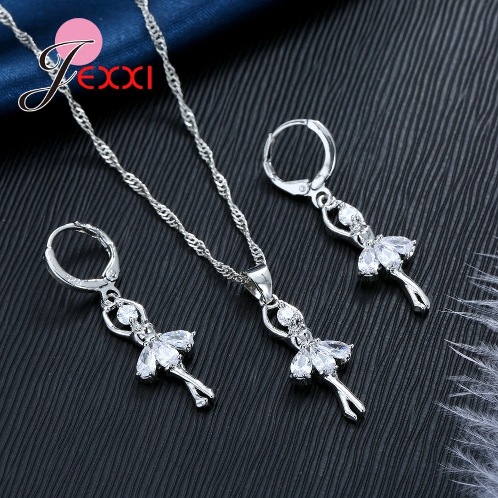 C2C Cute Ballet Dancer 925 Sterling Silver Jewelry Cubic Zircon Necklace & Earrings Set