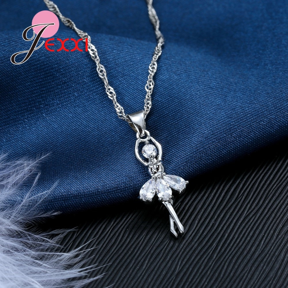 C2C Cute Ballet Dancer 925 Sterling Silver Jewelry Cubic Zircon Necklace & Earrings Set